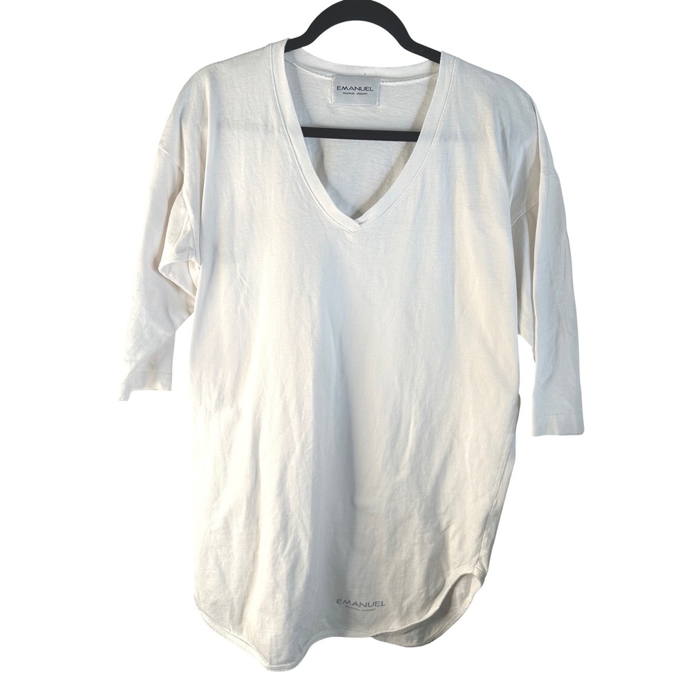 Emanuel Ungaro Women's White V-Neck 3/4 Sleeve Cotton Tunic Top L/XL